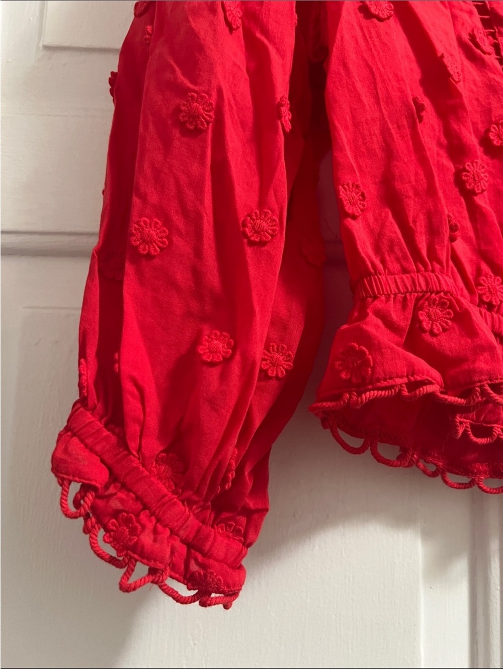 FARM Rio Bright Red Embroidered Tie-Front 100% Cotton Peasant Blouse Medium - Picture 2 of 10